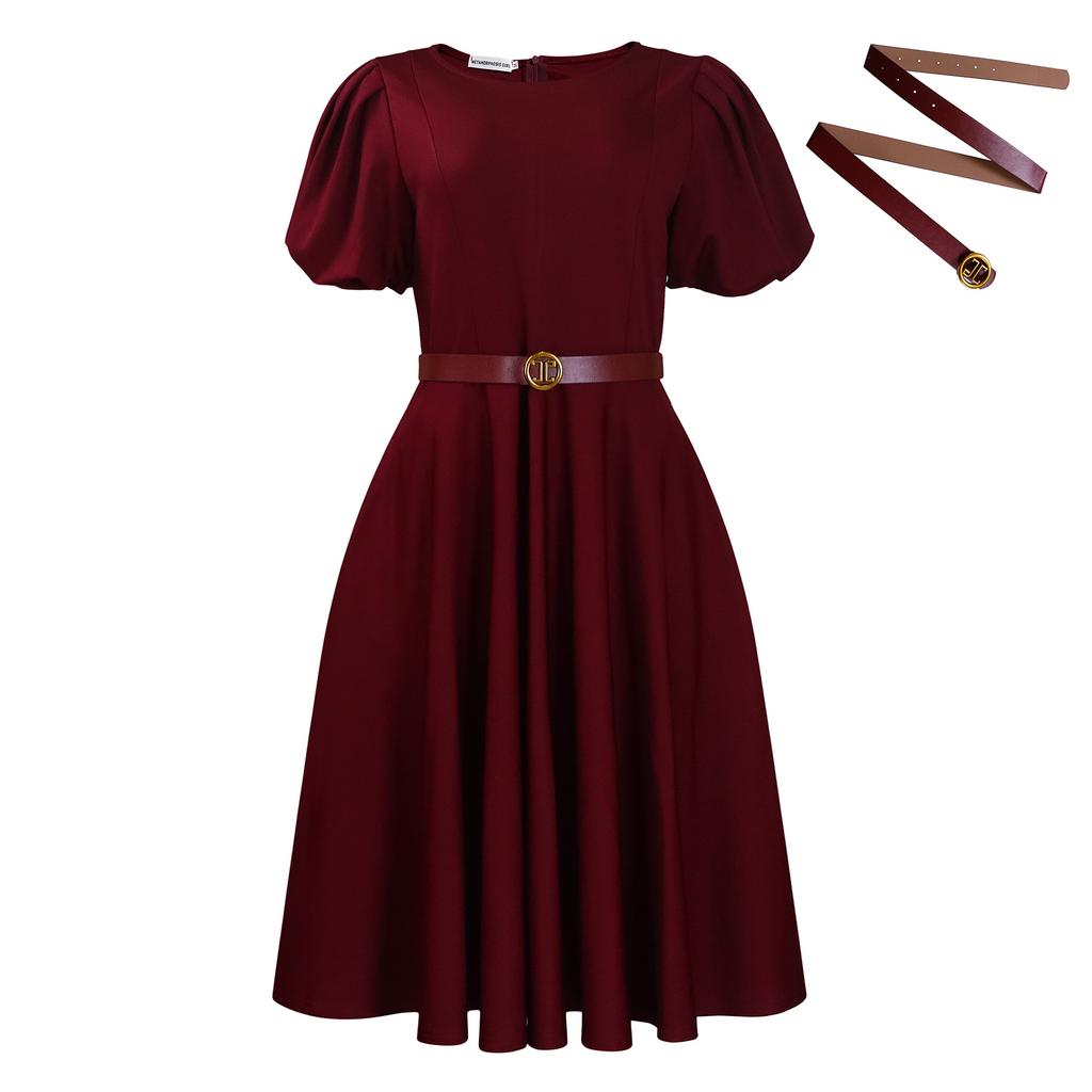 Women's Summer Fashion Bubble Sleeves Elegant High Waist Solid Color Round Neck Large Skirt Dress