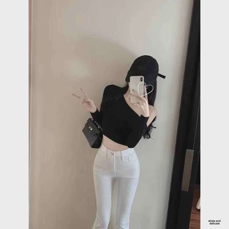 Γυναικείο Ψηλόμεσο Λευκό Παντελόνι Καμπάνα: Φθινόπωρο/Χειμώνας Ελαστικό Ευρύ Πόδι Ίσιο Παντελόνι