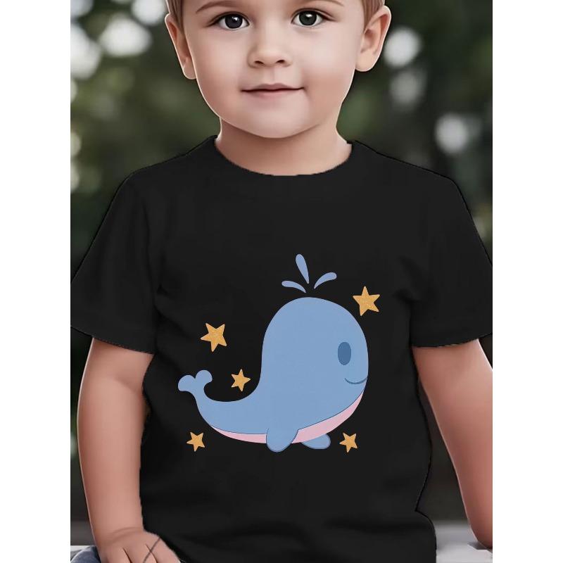 Boys Summer New Crewneck Tee, Cute Happy Blue Whale With Star Print Loose Fit Short Sleeve Trendy Kids Top 110