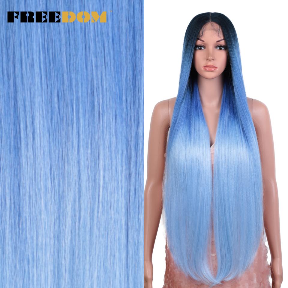 FREEDOM Yaki Straight Synthetische Spitzeperücken für Damen Ombre Braun Handgebundene Spitzeperücke 36 Zoll Mittelscheitel Lang Blau Rosa Cosplay-Perücke