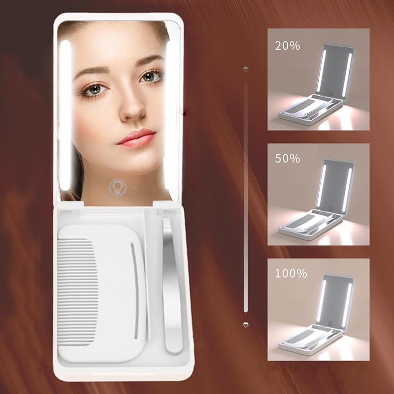 Folding Makeup Mini Mirror with LED Light with Pocket for Comb and Eyebrow Clip Portable Travel Makeup Mirror with Type-C Cable