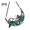 Cat Sleeping On Moon Hanging Decoration Living Room Wall Window Hanging Stained Glass Cartoon Kitten Suncatcher Colorful Acrylic Ornament Pendant