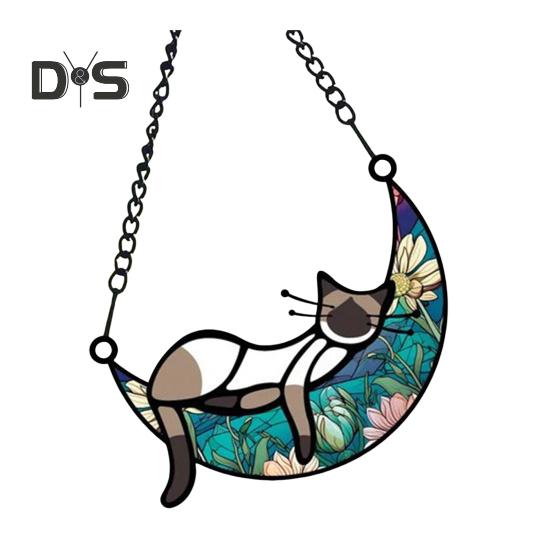 Cat Sleeping On Moon Hanging Decoration Living Room Wall Window Hanging Stained Glass Cartoon Kitten Suncatcher Colorful Acrylic Ornament Pendant