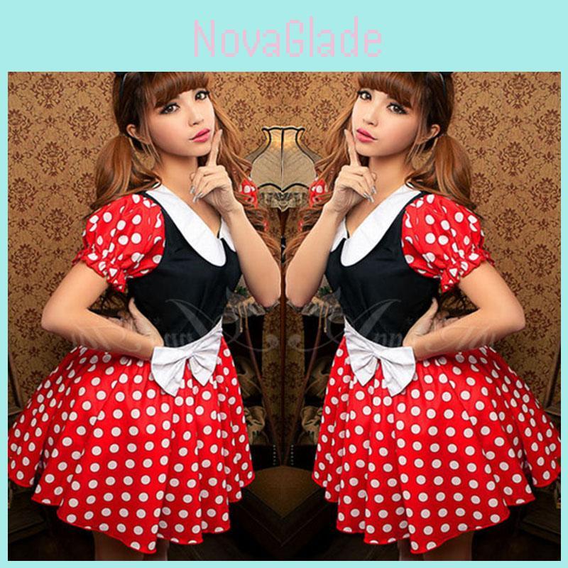 Elegante Costume Sexy da Donna Adulta con Personaggio Minnie Mouse a Pois per Halloween
