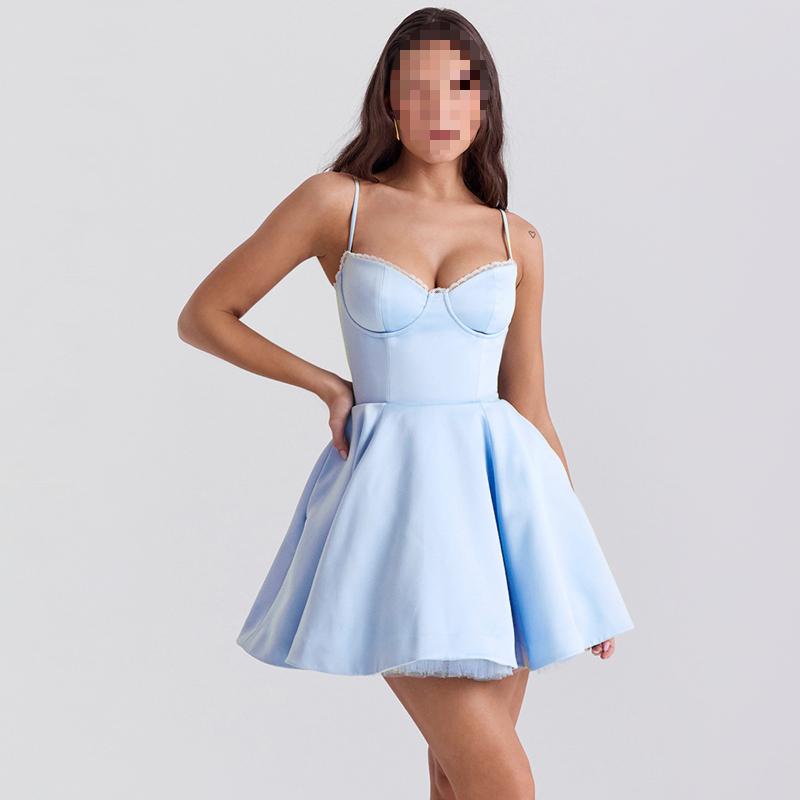 European and American Satin Mesh Lace Patchwork Sexy Waist Cinching Suspender Dress