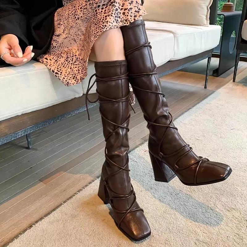 Fashion Women's Elastic Boots Autumn Winter Square Head Tie High Tube Boots Thick Heel Over Knee Long Boots Fashionable Adult Shoes