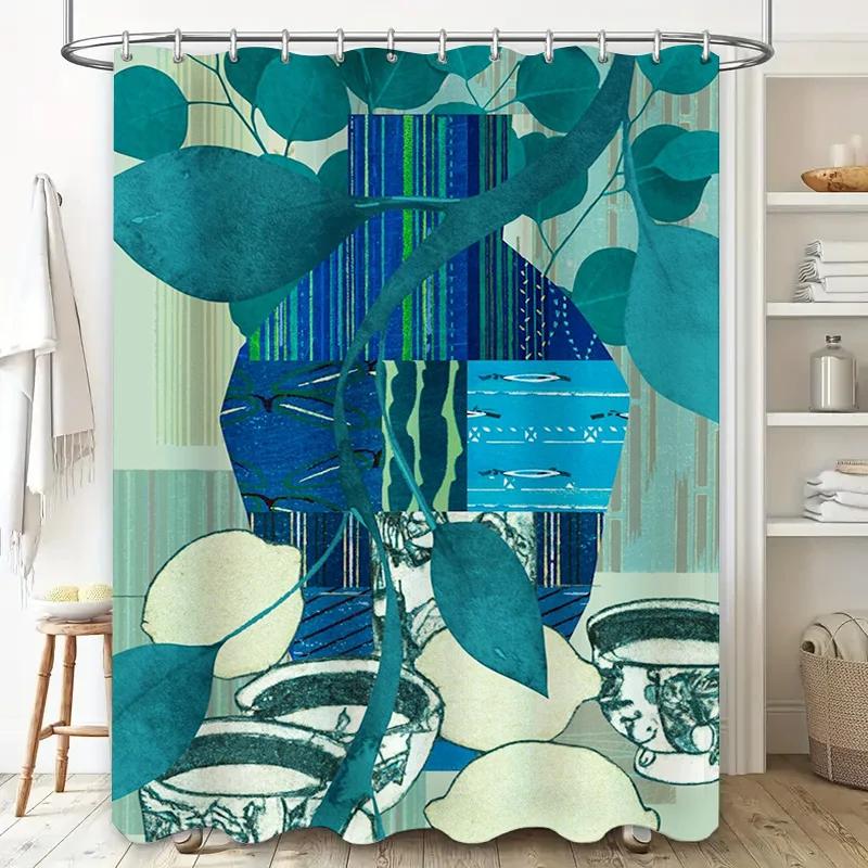 Stilvorhang Blaue Grüne Blätter Modernes Wohnaccessoire Duschpaneele Künstlerischer Fliesen-Backsplash Tapetendesign Badezimmerdekoration