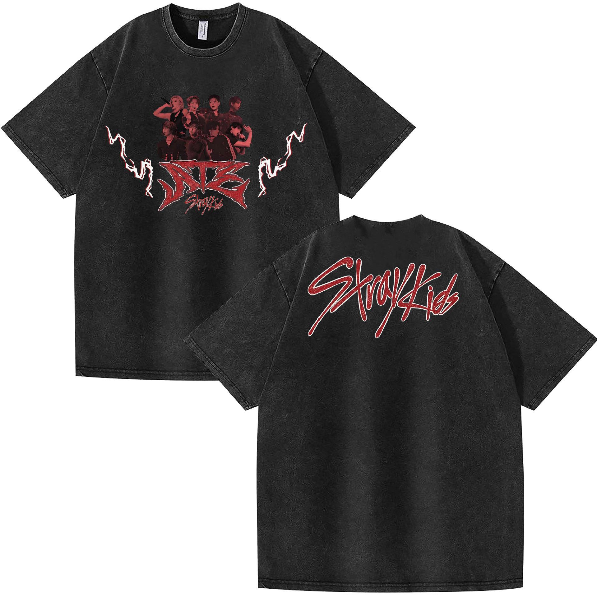 Washed Stray Kids Combination Peripheral Printing Summer Short-Sleeved T-Shirt Pure Cotton Loose S