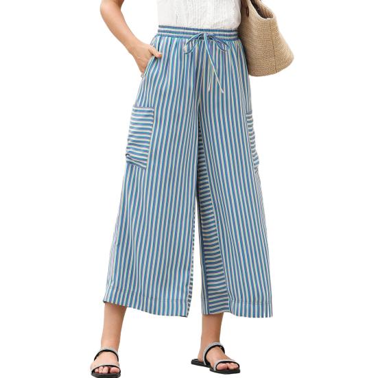 Pantaloni da donna Vita elastica Coulisse Gamba larga Casual Pantaloni estivi con tasche Stampa a righe Pantaloni lunghi Viaggio Abbigliamento quotidiano
