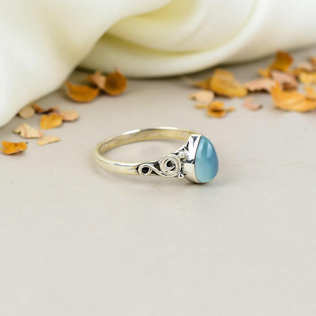 Blue Chalcedony 925 Sterling Silver Pear Gemstone Boho Style Handmade Ring For Women