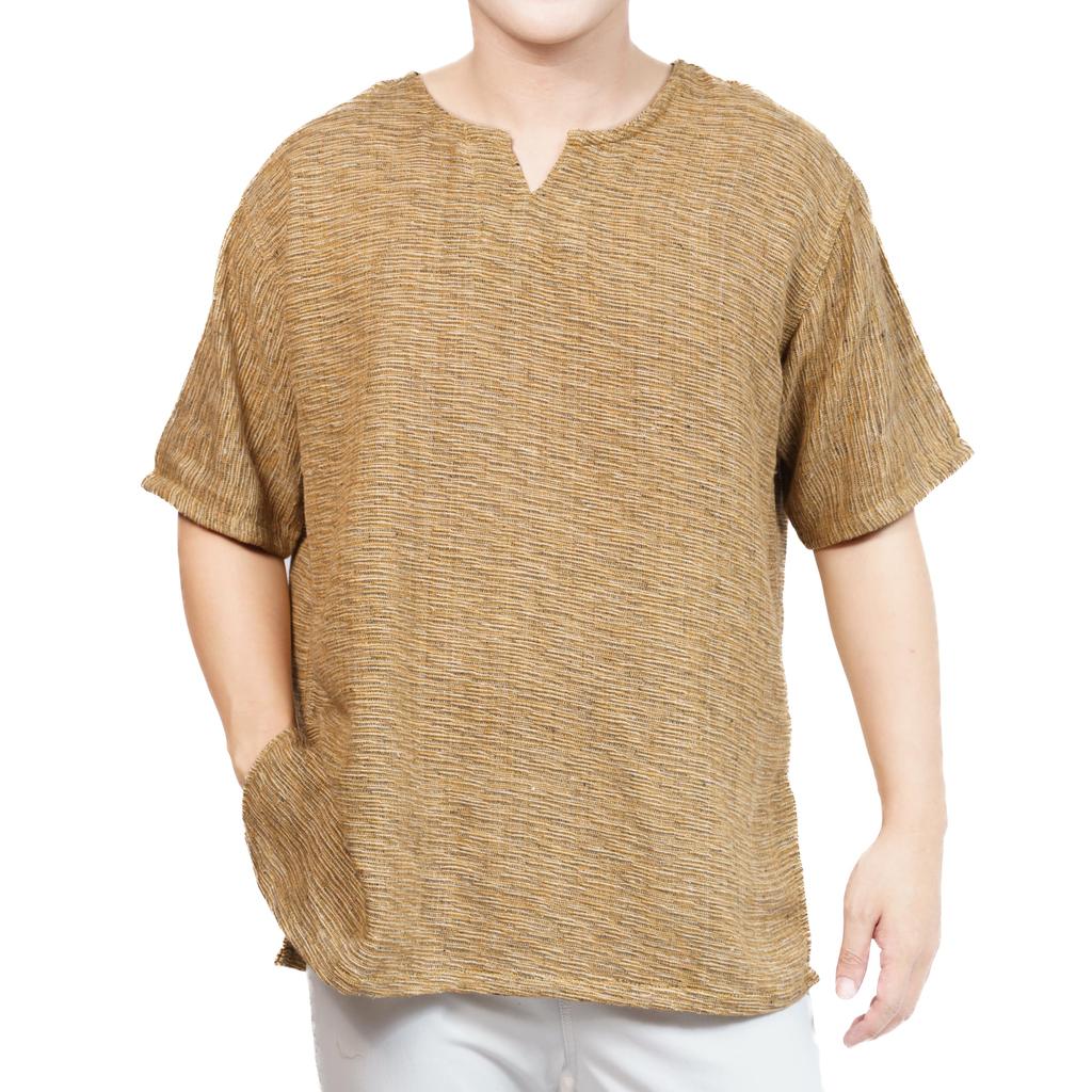 James Square Shijira Weave Short Solid Fun Cut and Dry Suitable for Men In Their Japanese Wide Relaxed Henley Long Slit Size L JS027BR-L T-Shirt,