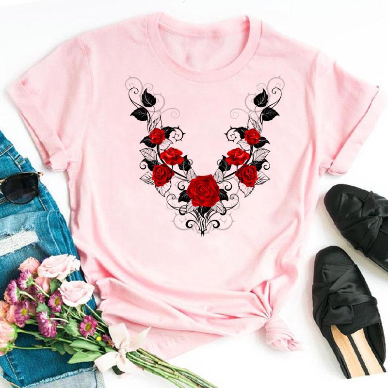Womens Fashion Tshirt Rose 3D Printing Daily Casual Shortsleeved Shirt 2023 Summer Round Neck Simple Street Womens Clothing