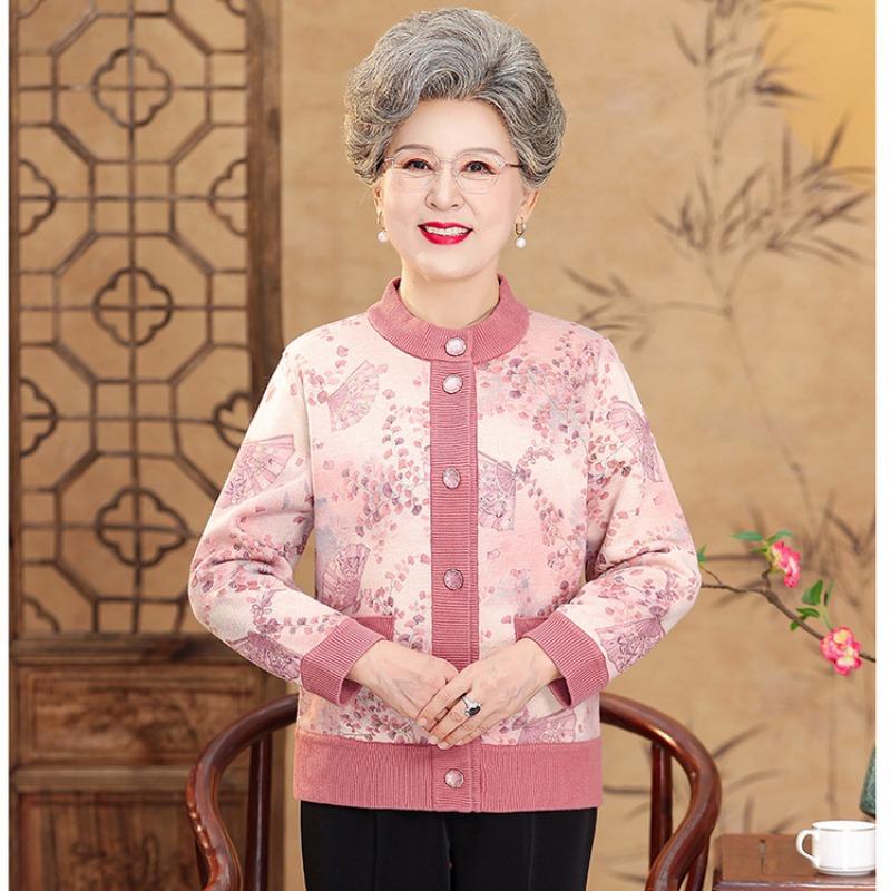 Middle-aged Elderly Sweater Cardigan Grandma Winter Clothes Fleece Thickened Thermal Top Mother Autumn and Winter Coat Women