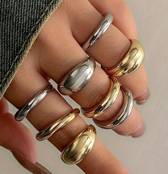 European & American Metal Texture Ring Set: Smooth, Exaggerated Geometric Open Rings for Women