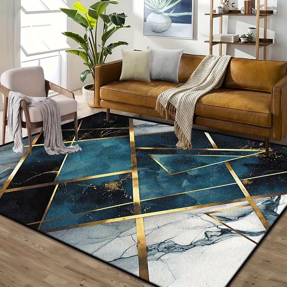 Modern Luxury Teal & Gold Geometric Area Rug, Marble Texture 2D Flat Printed Floor Mat, Non-Slip Washable Living Room Carpet