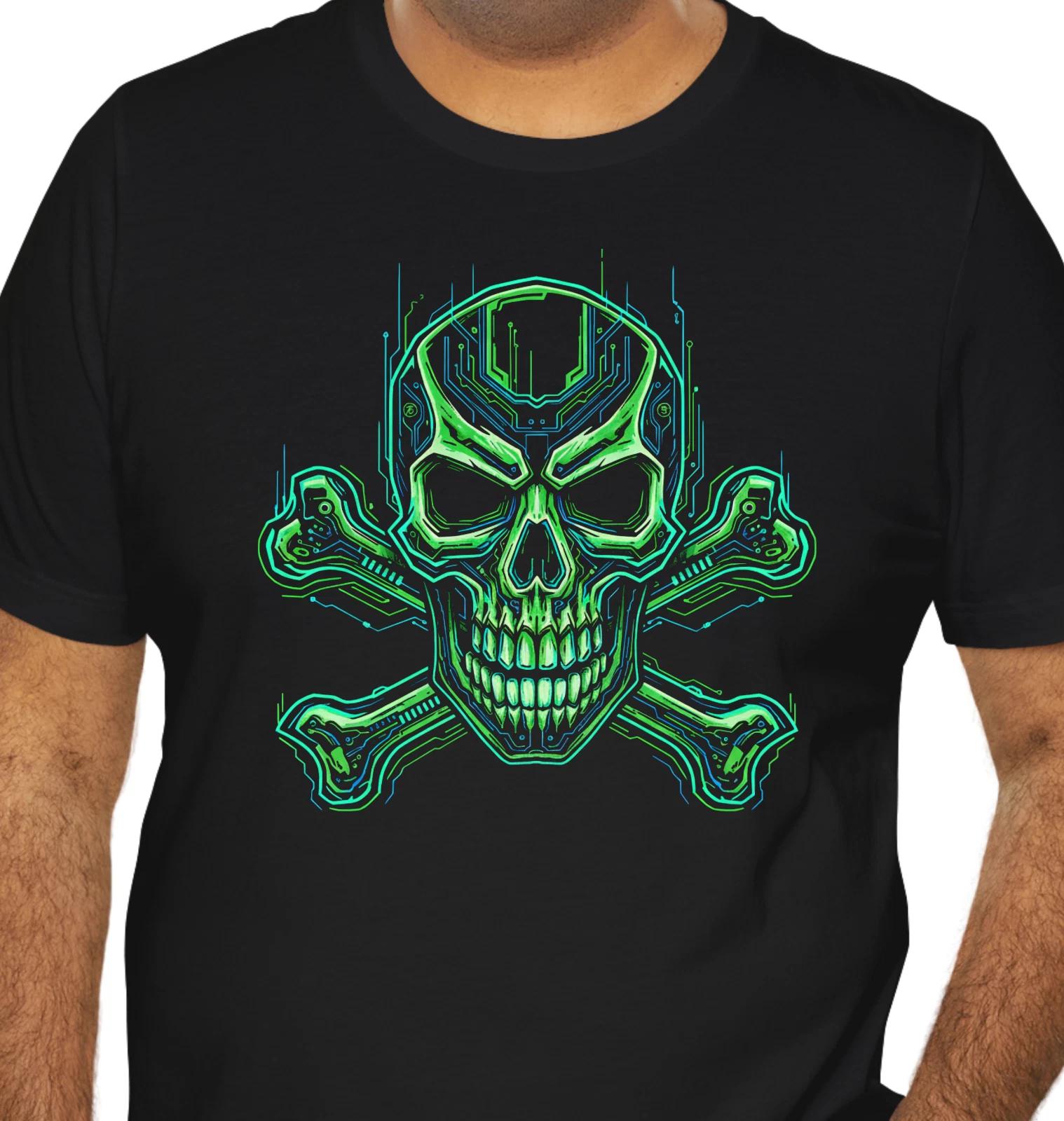 Cyberpunk Skull T-Shirt Neon Green Circuit Glitch Graphic Gamer Streetwear 2XL