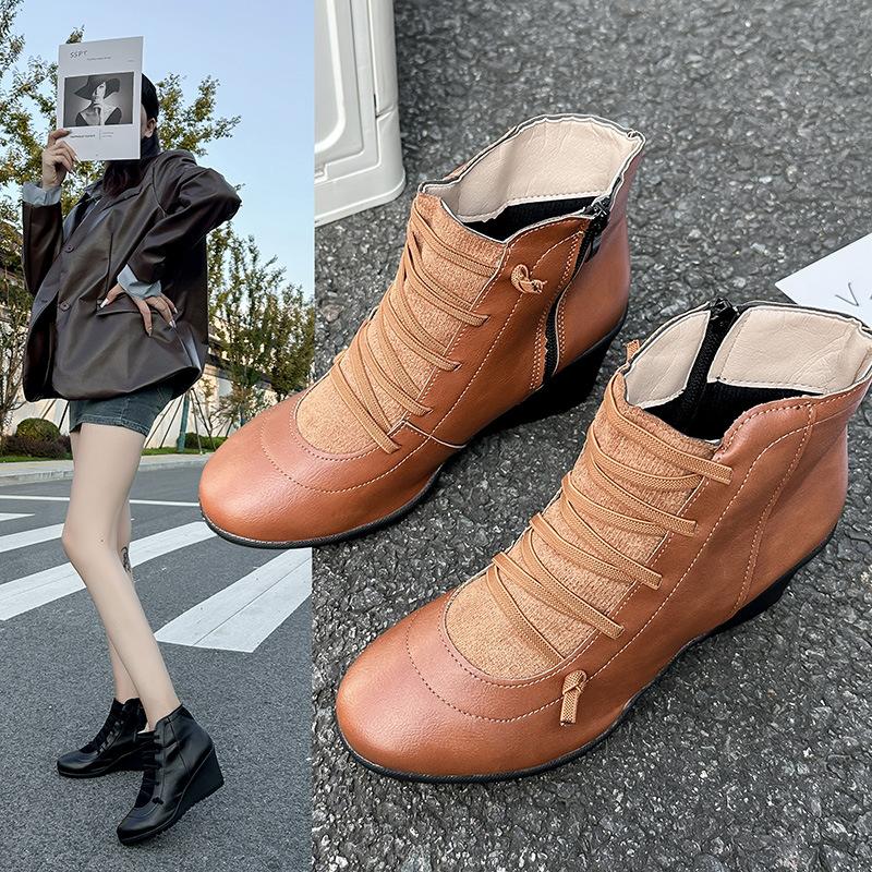 Herbst und Winter neue hochhackige Keilabsatz Übergröße Rundkopfstiefel Damen Koreanische Version Seitenreißverschluss modische Außenhandel Damenstiefel