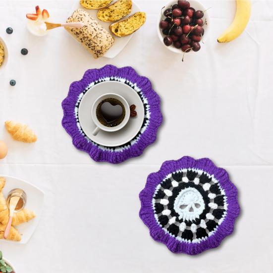 Brainy Skull Coaster Handmade Crochet Skeleton Tabletop Decor Hand Knitted Drink Cup Mat for Home Bar Decor