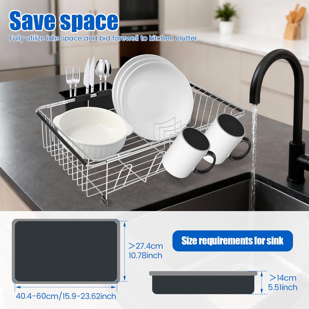 Adjustable Sink Dish Drying Rack Carbon Steel Tableware Rack with Nonslip Rubber Arm and Utensil Holder Kitchen Fruit Drainer