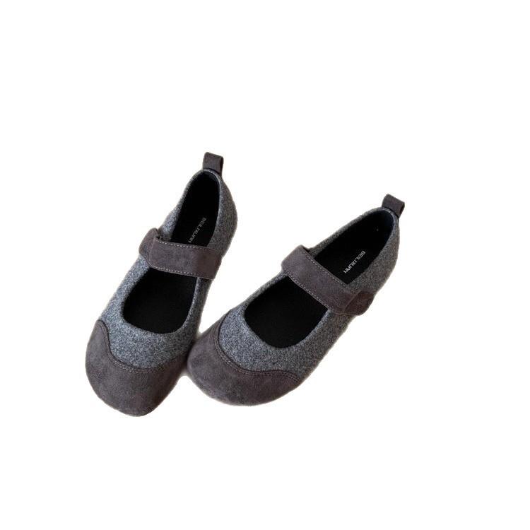 French retro round head splicing light woolen single shoes women's 2025 summer new with skirt flat Mary Jane shoes