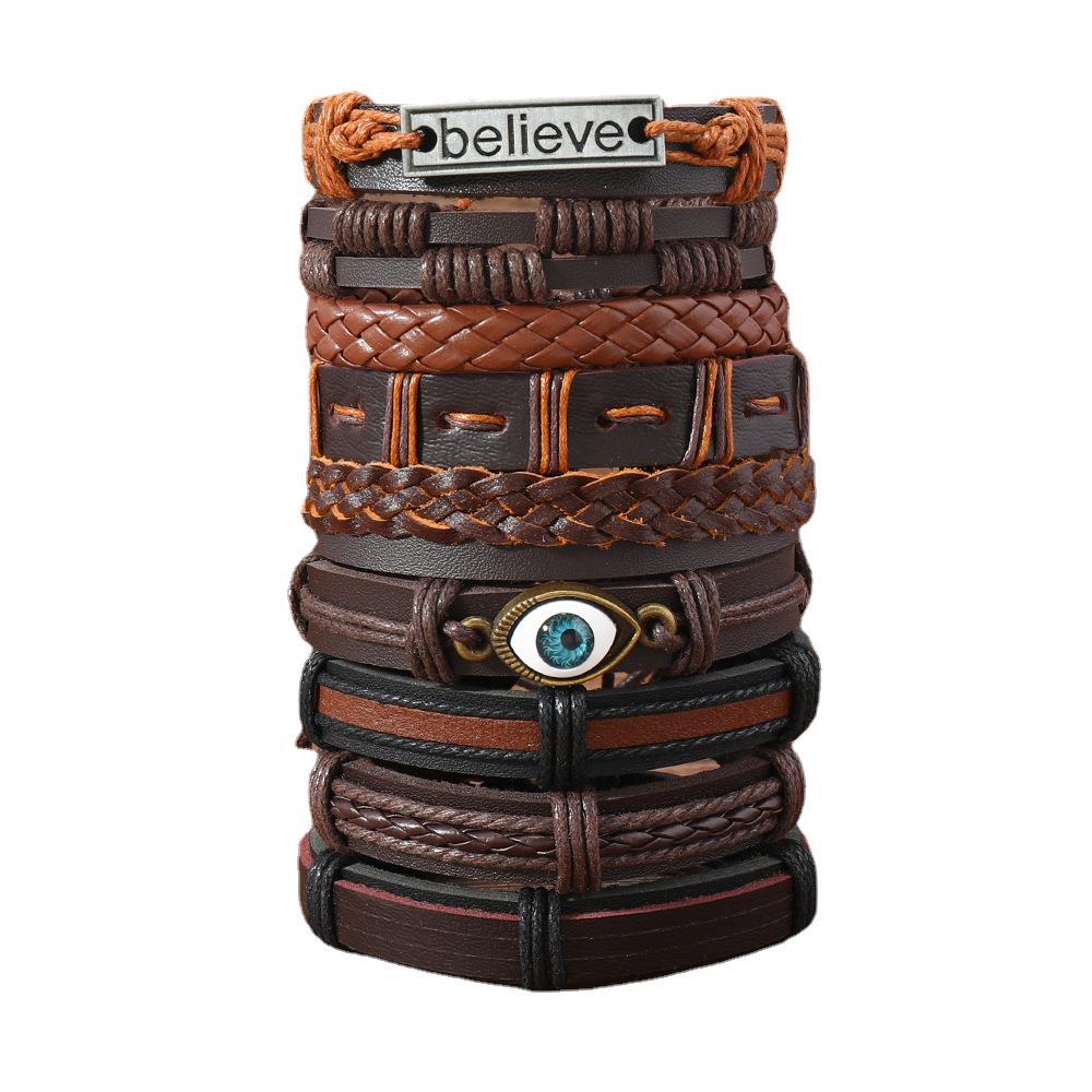 Cross-border e-commerce explosion, retro style, tree of life, devil's eye, men's leather woven bracelet combination set