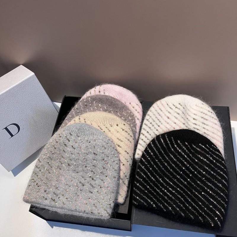 Winter Knit Beanie Rabbit Fur Striped Warm Soft Fashion Small Fragrance Hat Outdoor