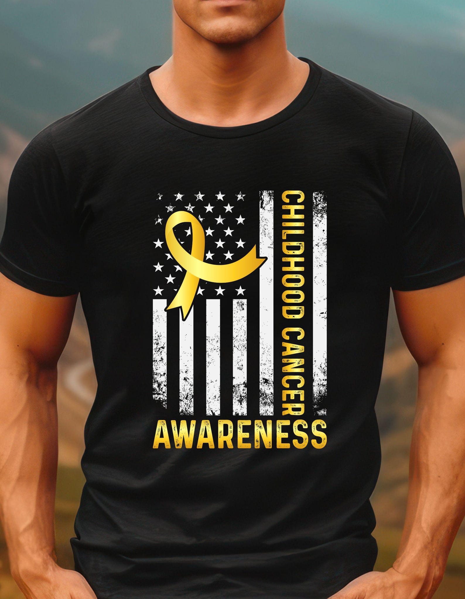 Childhood Cancer Awareness T-Shirt, American Flag Gold Ribbon Support Tee, Unisex Jersey, Patriotic Design, Charity Fundraiser, Childhood 4XL