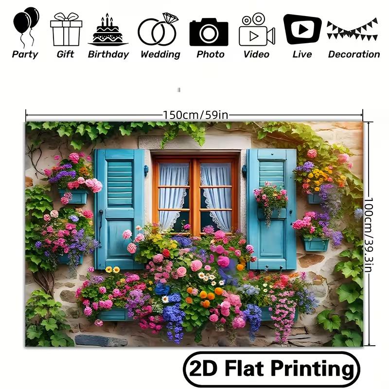 2D Blumenfenster Kulisse, Rustikales Steinhaus mit Weinranken Fotografie Hintergrund für Alle Anlässe
