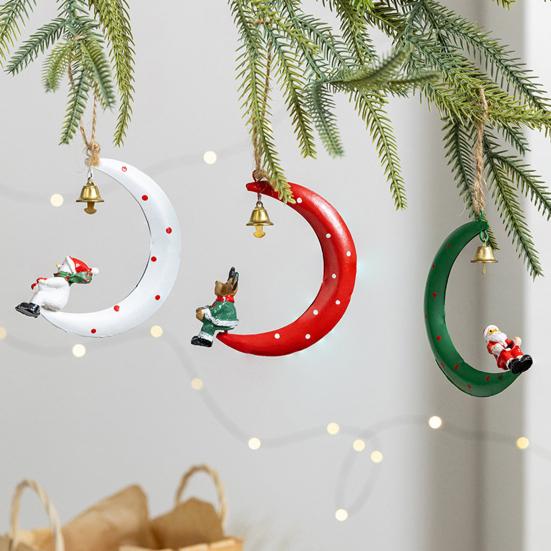 Christmas Pendant Moon Shape Design Christmas Elements Snowman Santa Claus Elk Hanging Pendant Holiday Atmosphere Ornament