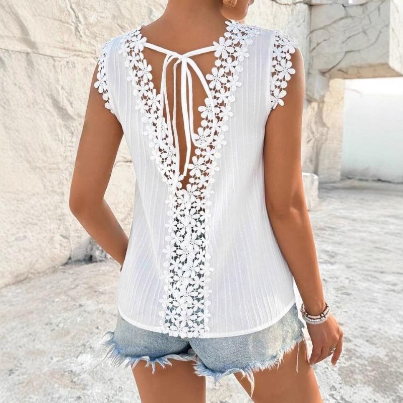 Women's New Summer Round Neck Stitching Hollow Lace Vest Top
