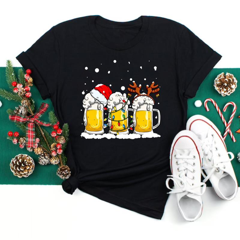 Polyester  100% New Christmas Happy Christmas Tree Santa Claus Casual and Fashionable Round-neck Short-sleeved Women's Base Tops