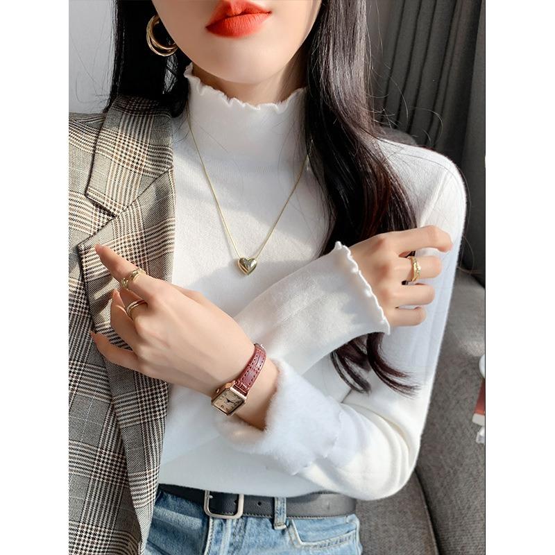 Semi-turtleneck sweater with women's winter fungus edge knitted sweater integrated fleece thickened simple top bottoming shirt
