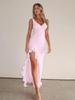 Summer Solid Color Slim Fit V-neck Ruffle Split Dress with Spaghetti Straps