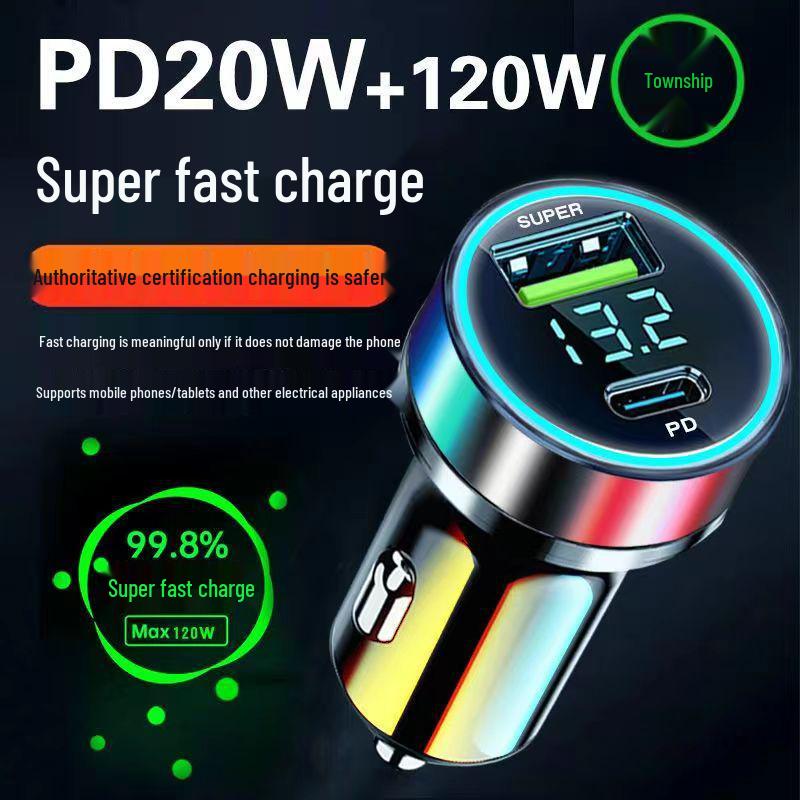 66W Fast Charging Car Charger with Digital Display and Metal Ring