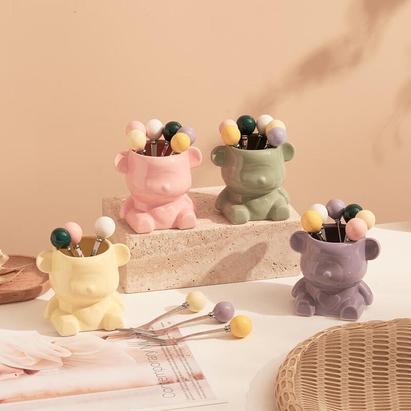 Ceramic Bear Fruit Fork Set with Storage Jar