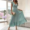 Spring new, fashionable and elegant solid color v-neck pleated splicing dress