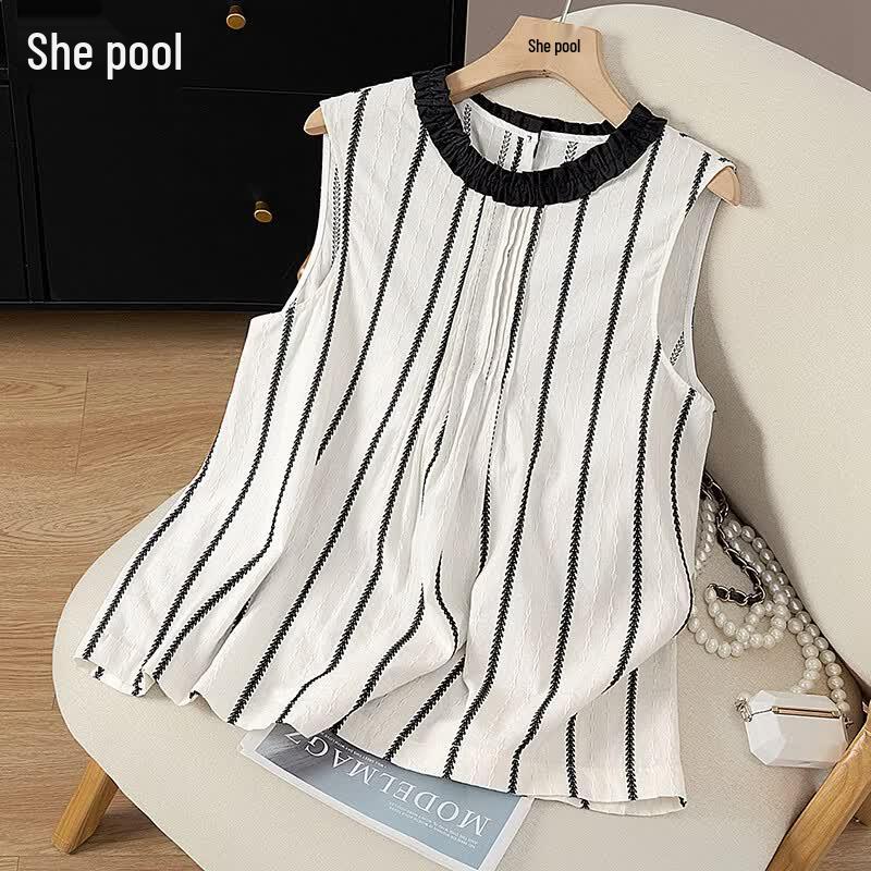 Women s Contrast Ruffle Striped Sleeveless Top S