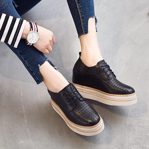 Fashion 7cm Spring Summer Breathable Genuine Leather Women Shoes Slip On High Heels Round Toe Height Increasing Women Casual Shoes