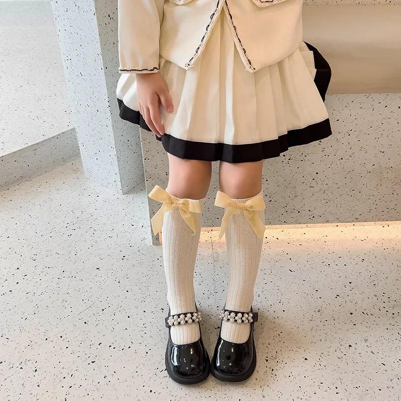 

1 пара детских носков до середины икры для девочек, милые жаккардовые носки бежевого, кофейного цвета для детей, гольфы в стиле принцессы с бантом для малышей one size