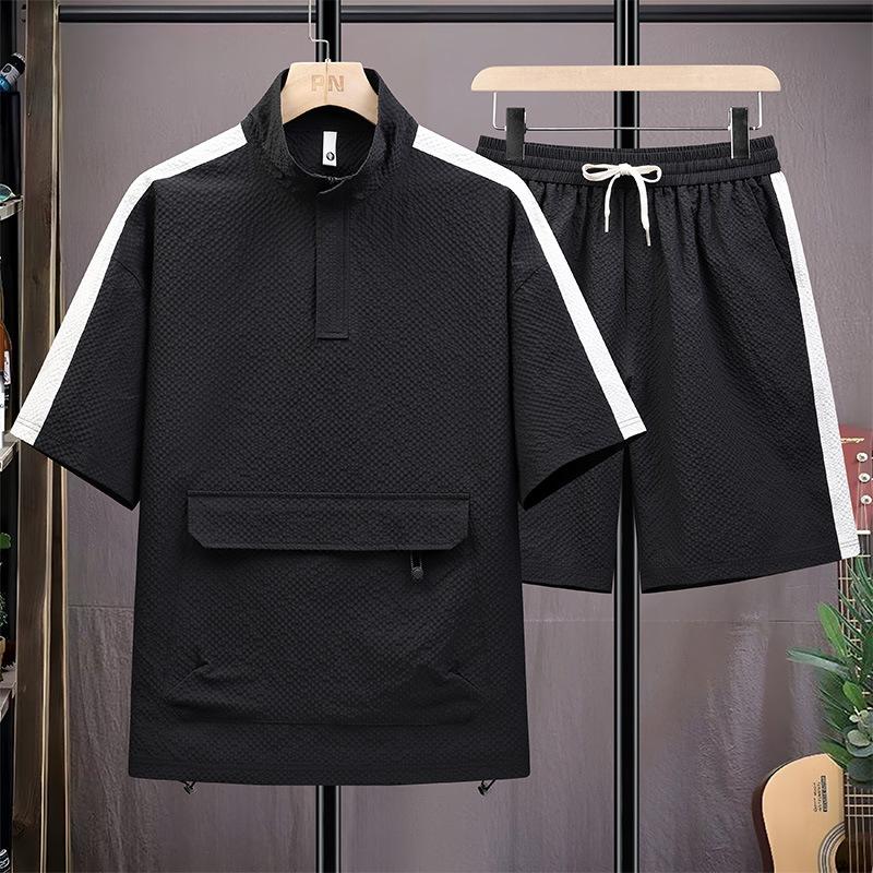 

Плюс размер 8XL Мужская летняя японская мода воротник-стойка с короткими рукавами свободные брюки с пятью точками, повседневный спортивный костюм S чёрный