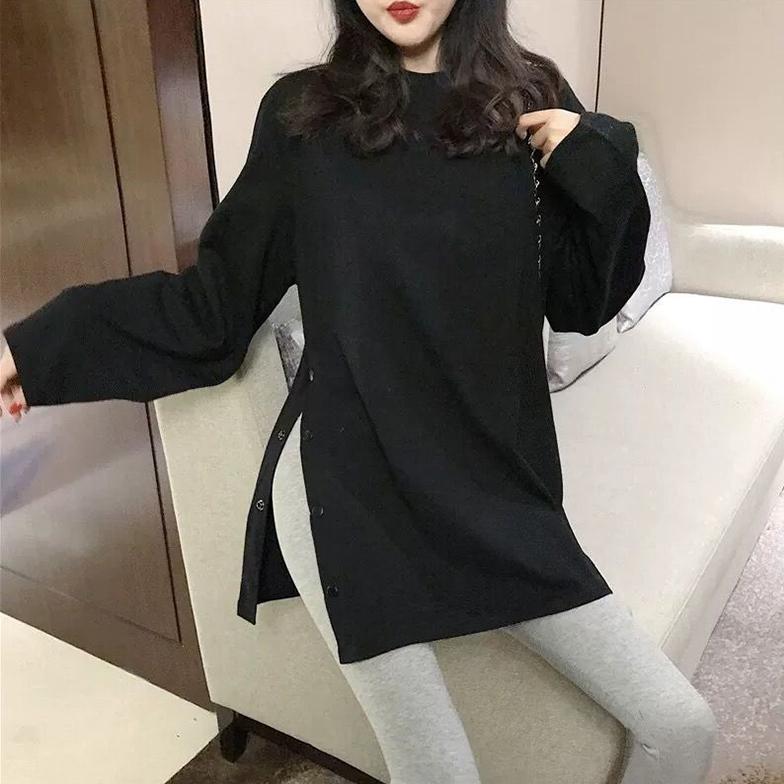 Wiosenny rozcięcie z boku guziki biały czarny długi T-shirt z okrągłym dekoltem damskie koszule jesień przybycie Harajuku jednolity oversize T-shirt topy