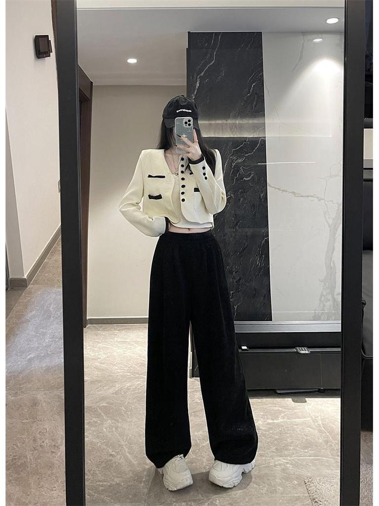 Women's 2024 Autumn/Winter Fleece-Lined Wide-Leg Striped Pants