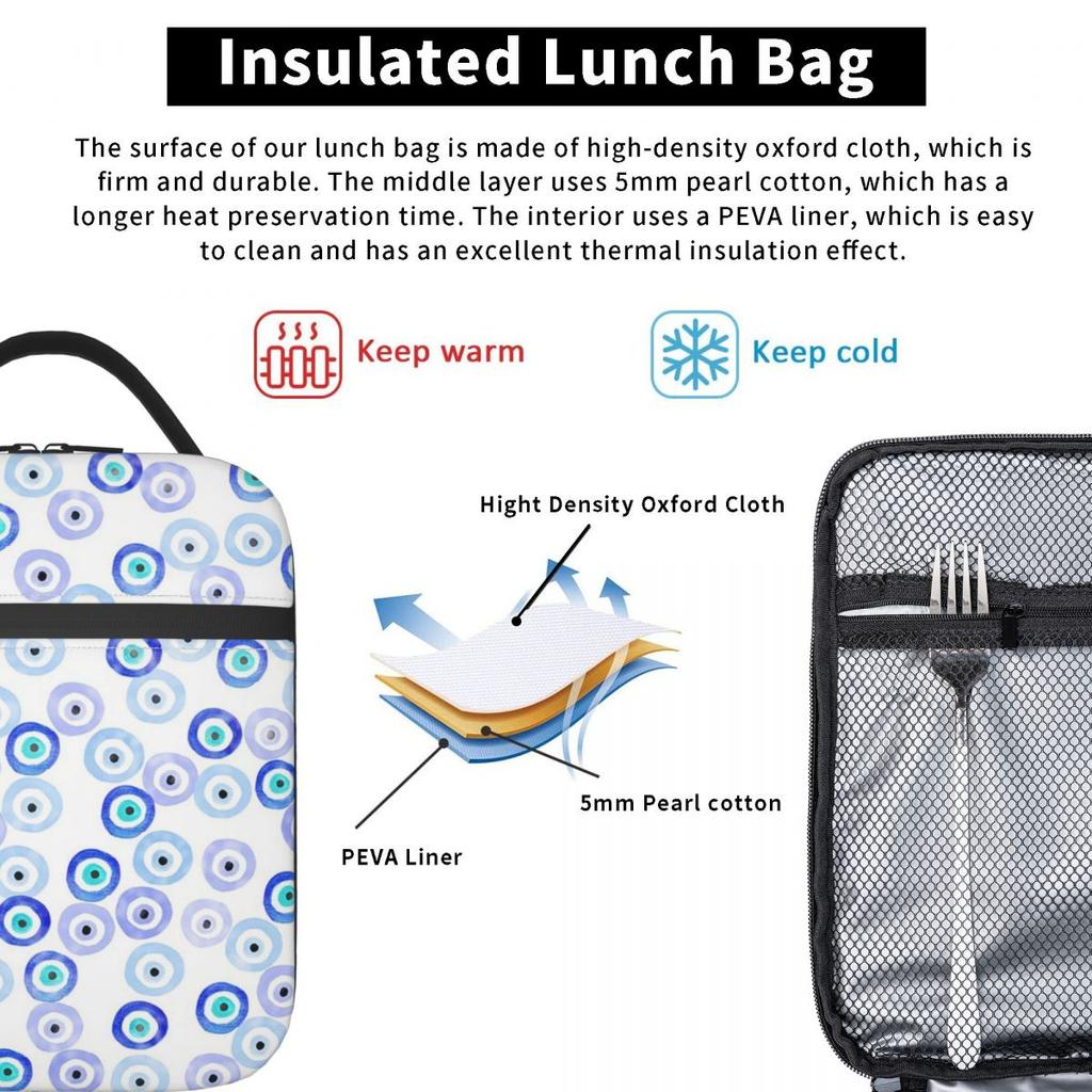 Watercolor Evil Eye Nazar Painting Insulated Lunch Bag for Women Kids Portable Food Boxes Thermal Lunch Box Tote