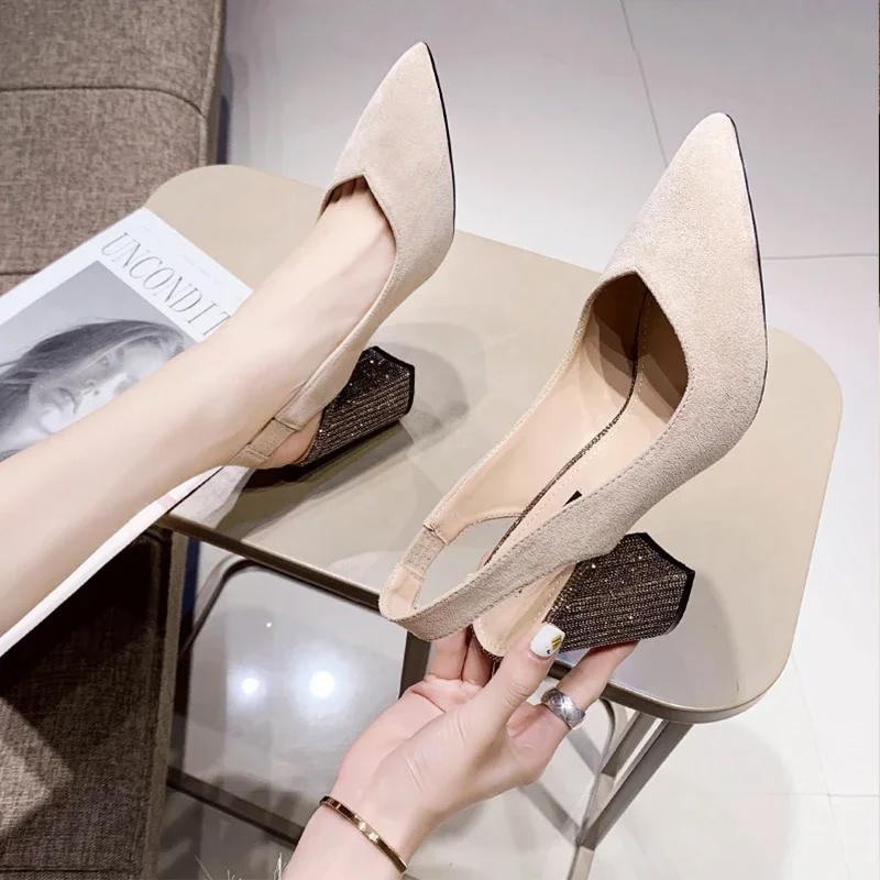 Women's Chunky Slingback Mule Casual Pointy Pumps Retro Office High Heels Women's New Stretch Band Set Mary Jane Shoes