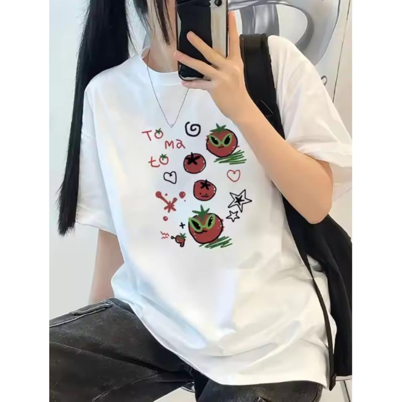Korean Style Cool and Cute Tomato Print Gril TShirt Loose Versatile Retro ONeck Short Sleeve 2025 Summer New Female Casual Top
