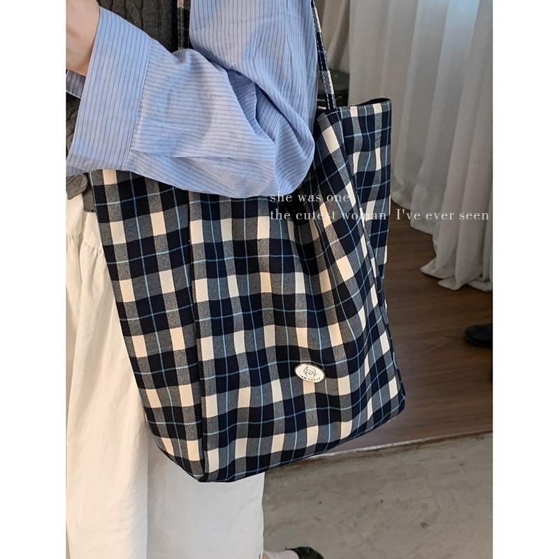 Casual double-sided canvas bag Korean lazy style underarm bag women's 2025 new large-capacity plaid tote bag