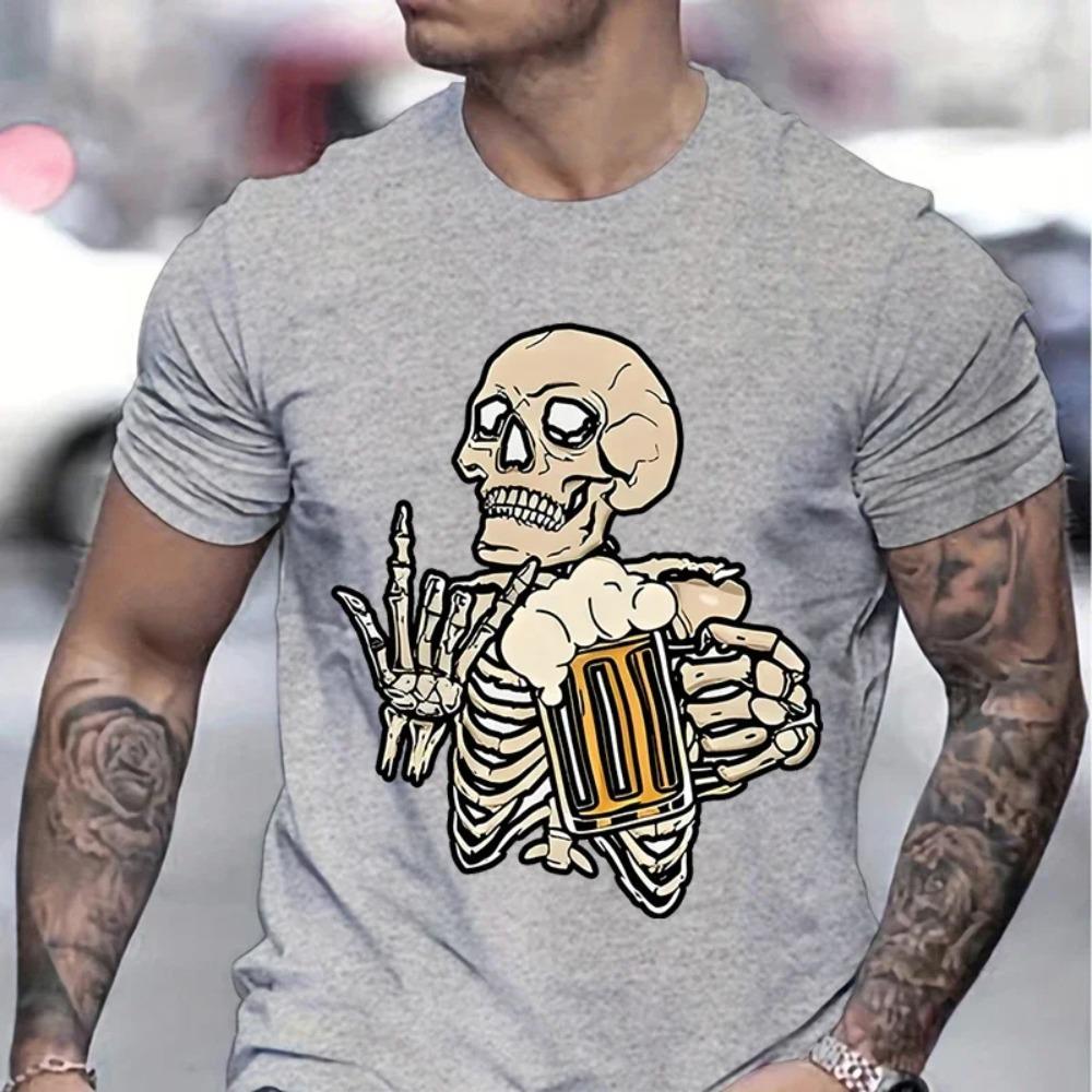 Beer Lover Gifts T-shirt Men Skull Beer Graphic Print Funny Men T-shirt Skeleton and Beers Lover Graphic Design Summer Clothes