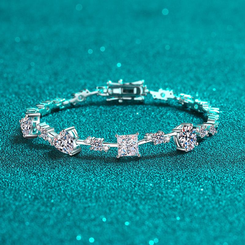 925 Sterling Silver Irregular Moissanite Bracelet for Women - Plated Pt950 Gold Bangle