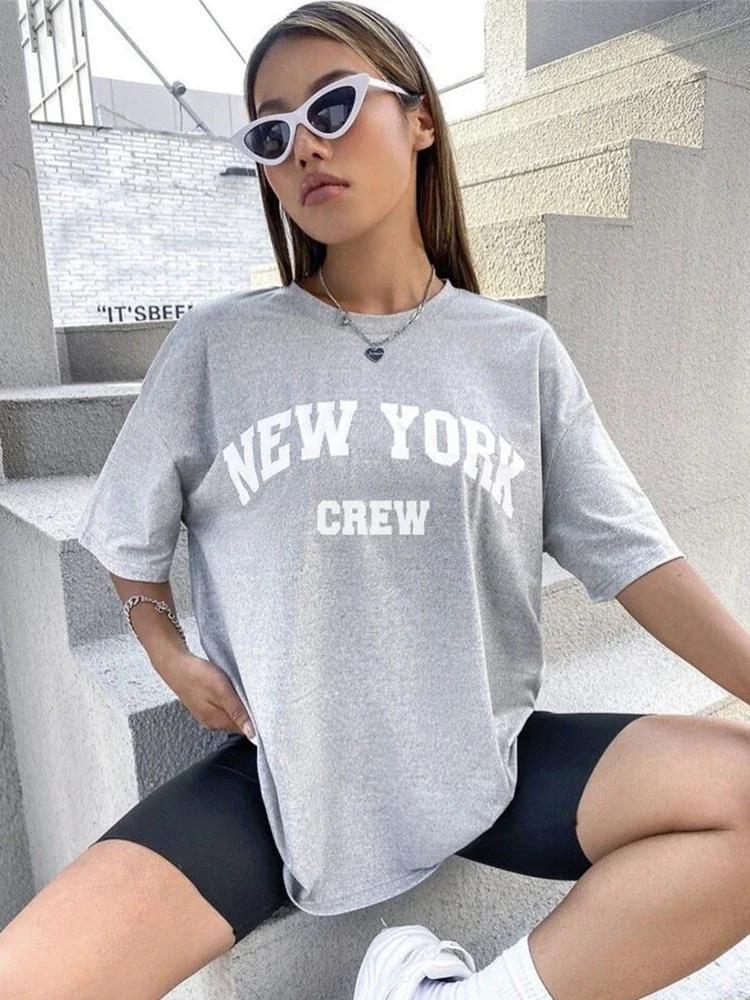 Hirsionsan Oversized T-Shirt mit Buchstaben-Grafik für Damen Sommer 2026 Weiches O-Ausschnitt Kurzarm-T-Shirts Damen Lässig Locker Higt Street Oberteil