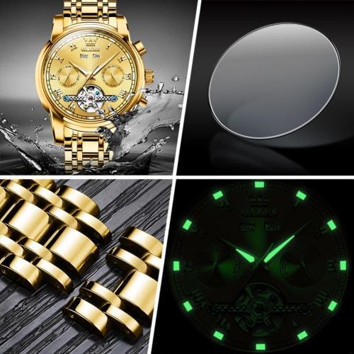 OLEVS Herre Gullklokke Stilig Automatisk Vanntett Dato Selvlysende Business Skjelett Armbåndsur Populært Merke